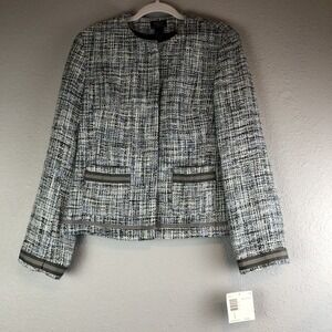 Crazy Horse Womens Tweed Jacket Blazer Size Large Fully Lined Ribbon Trim Office